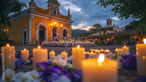 Early Semana Santa scene in the town square with large candles lit in the hands of the gathered faithful, makeshift altar decorated with white and purple flowers, Ai generated images