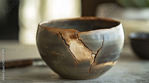 A close-up of a handmade pottery piece highlights its unique flaws and celebrates the beauty of imperfection alongside artisan tools in a bright studio setting. photo