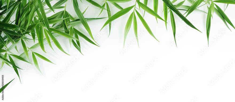Obraz premium Green bamboo palm leaves arranged artistically in the top left corner of a white background, creating a fresh and vibrant floral design concept.