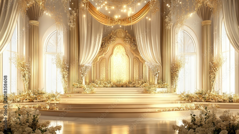 Fototapeta premium A luxurious stage with golden hues, sparkling spotlights, and elaborate decorations, showcasing elegance and prestige.