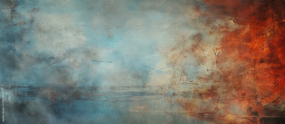 Grunge abstract texture with swirling hues of blue and rust orange blended in the background, creating a moody and artistic atmosphere. Grunge abstract texture with swirling hues of blue and rust orange blended in the background, creating a moody and artistic atmosphere.