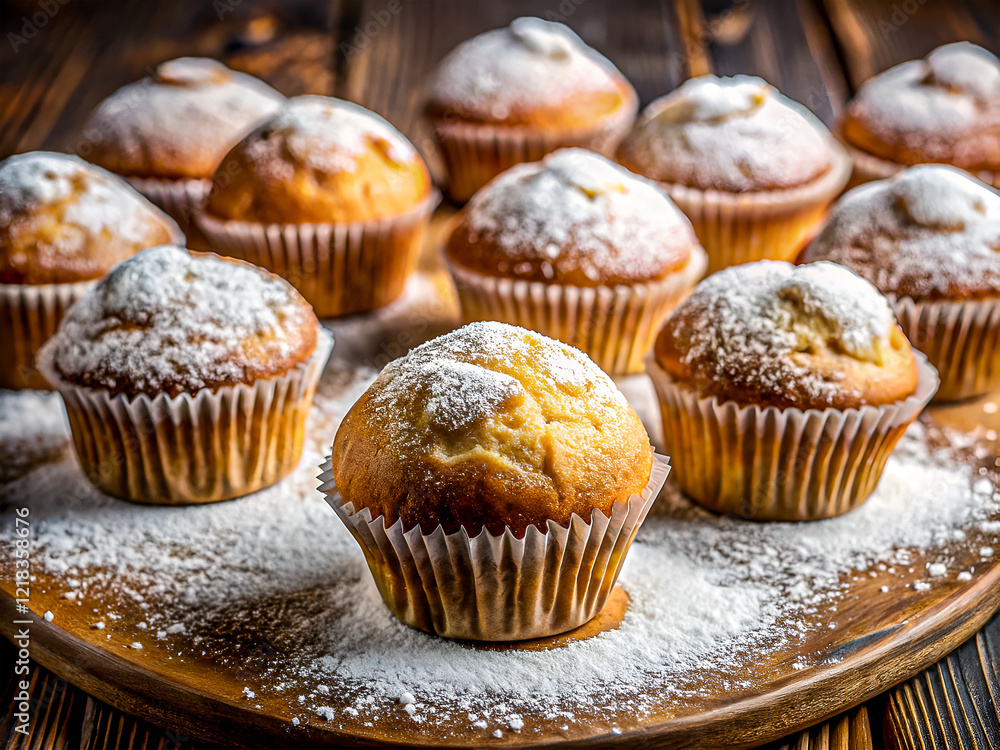 Tasty Lightly Dusting Powdered Sugar Muffins. Delicious Food background Tasty Lightly Dusting Powdered Sugar Muffins. Delicious Food background