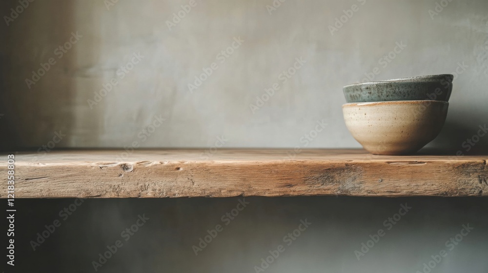 a bowl sitting on a wooden shelf in a room a bowl sitting on a wooden shelf in a room