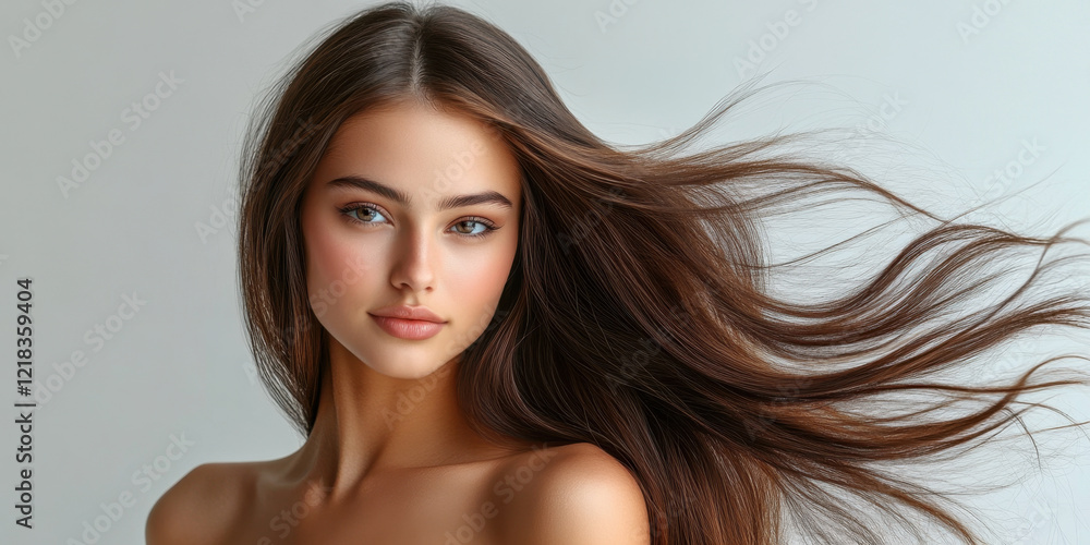 Beautiful young woman with long flowing hair, soft features, and captivating eyes, exuding serene and confident expression against light background Beautiful young woman with long flowing hair, soft features, and captivating eyes, exuding serene and confident expression against light background