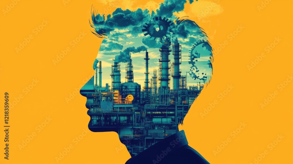 A mans silhouette with a factory and industrial machinery inside his head, representing productivity and innovation. A mans silhouette with a factory and industrial machinery inside his head, representing productivity and innovation.