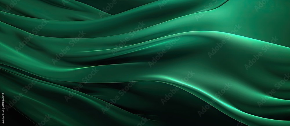 Obraz premium Elegant green fabric texture background with smooth flowing lines creating a rich, tranquil ambiance perfect for template or copy space use.