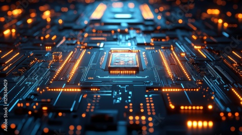 A 3D futuristic background with glowing circuit patterns, metallic surfaces, and soft blue lighting in a sleek tech setting.