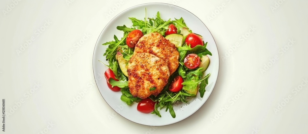Savory chicken cutlet resting on a bed of fresh greens and cherry tomatoes in a circular white plate against a light neutral background. Savory chicken cutlet resting on a bed of fresh greens and cherry tomatoes in a circular white plate against a light neutral background.