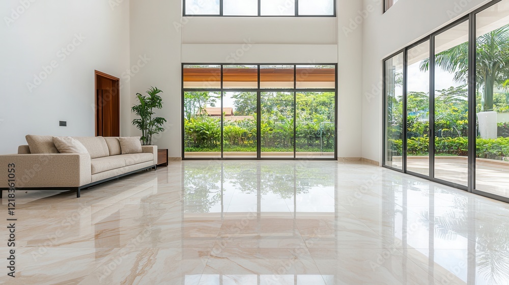 Obraz premium A bright, modern living room featuring a large window with a view of greenery, a beige sofa, and polished marble flooring.