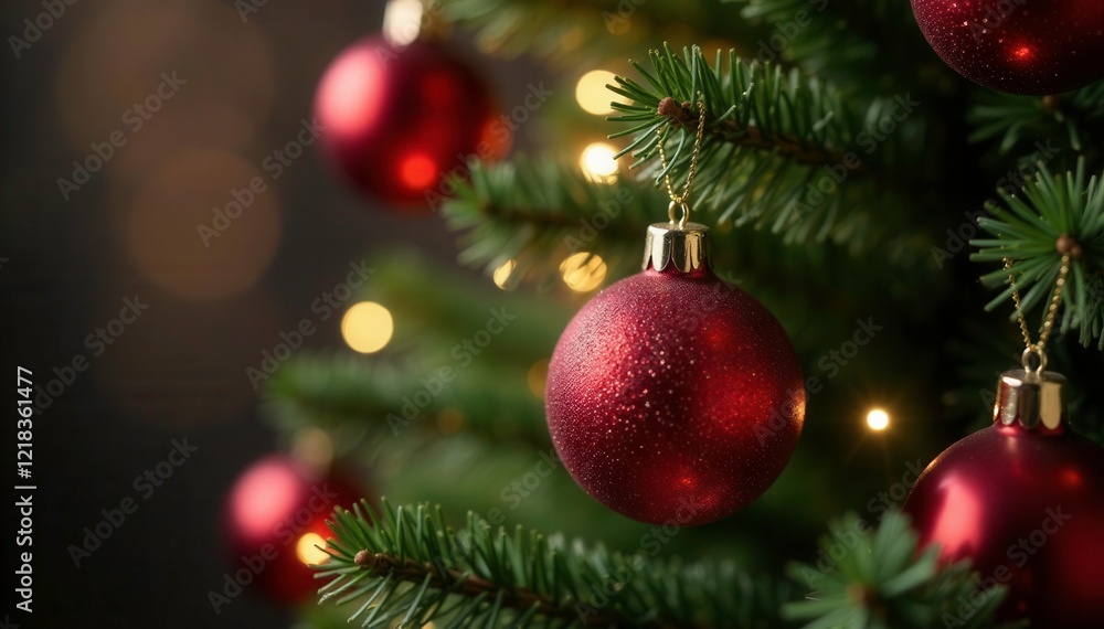 Glittery red Christmas tree ornaments with a star on top, christmas tree, lights Glittery red Christmas tree ornaments with a star on top, christmas tree, lights