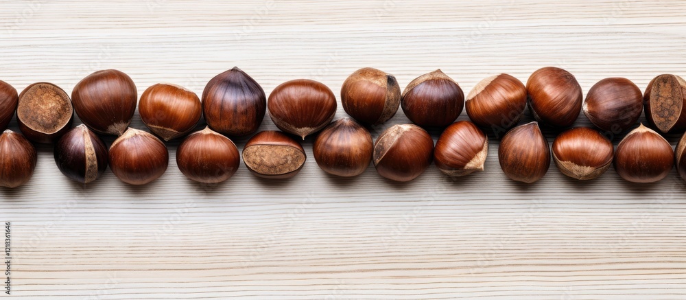 Roasted chestnuts neatly arranged on a light wooden table with a white background creating ample copy space for text or graphic elements. Roasted chestnuts neatly arranged on a light wooden table with a white background creating ample copy space for text or graphic elements.