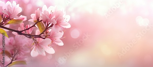 Fototapeta Naklejka Na Ścianę i Meble -  Blooming pink flowers on soft blurred pastel background with ample copy space for text positioned on the right side of the image