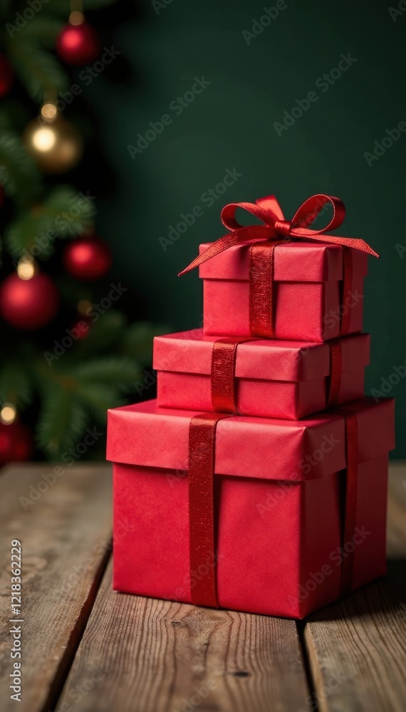 Red gift boxes stacked on a rustic wooden table, table, christmas, festive Red gift boxes stacked on a rustic wooden table, table, christmas, festive