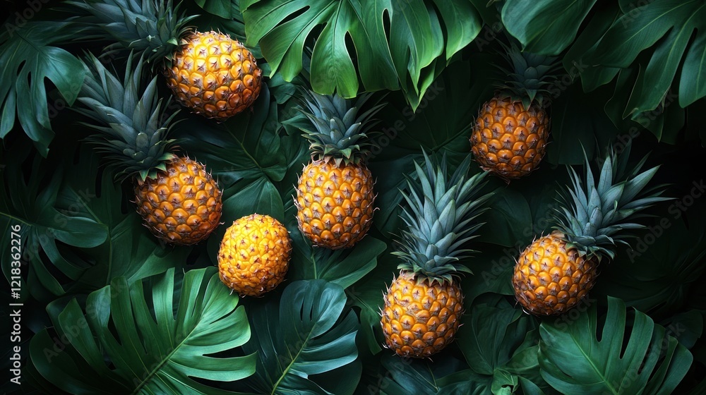 Nine ripe pineapples arranged amongst vibrant green tropical leaves. Nine ripe pineapples arranged amongst vibrant green tropical leaves.