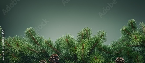 Festive holiday background featuring lush green pine branches at the bottom with a soft gradient gray backdrop for text or images. photo