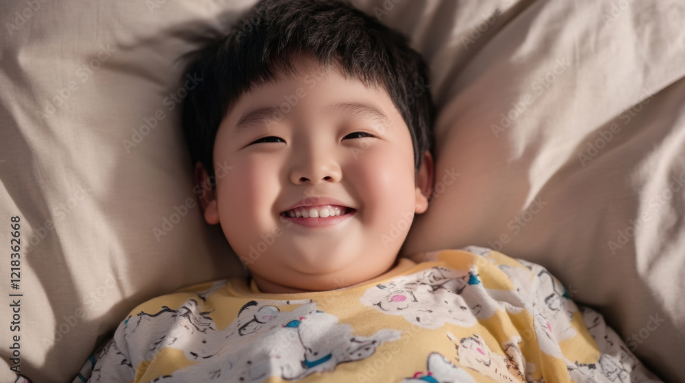 Happy boy lying on bed, smiling joyfully in colorful shirt. His cheerful expression radiates warmth and innocence, creating delightful atmosphere Happy boy lying on bed, smiling joyfully in colorful shirt. His cheerful expression radiates warmth and innocence, creating delightful atmosphere
