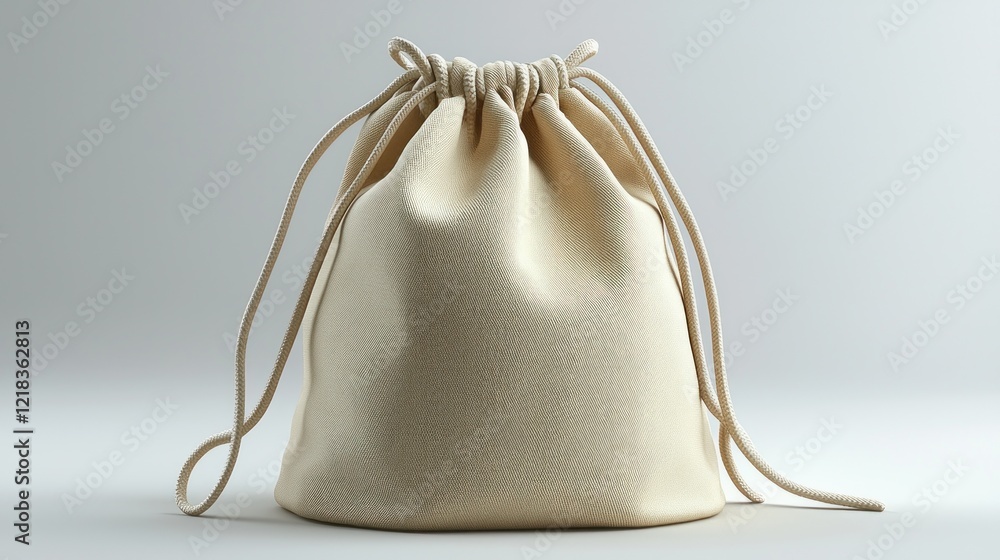 Fabric pouch with drawstrings on plain background, for packaging use. Fabric pouch with drawstrings on plain background, for packaging use.