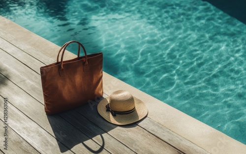 A peaceful poolside composition with a beach tote, a sun hat, and a pair of sandals placed gently on a wooden deck, creating a relaxing summer vibe 
