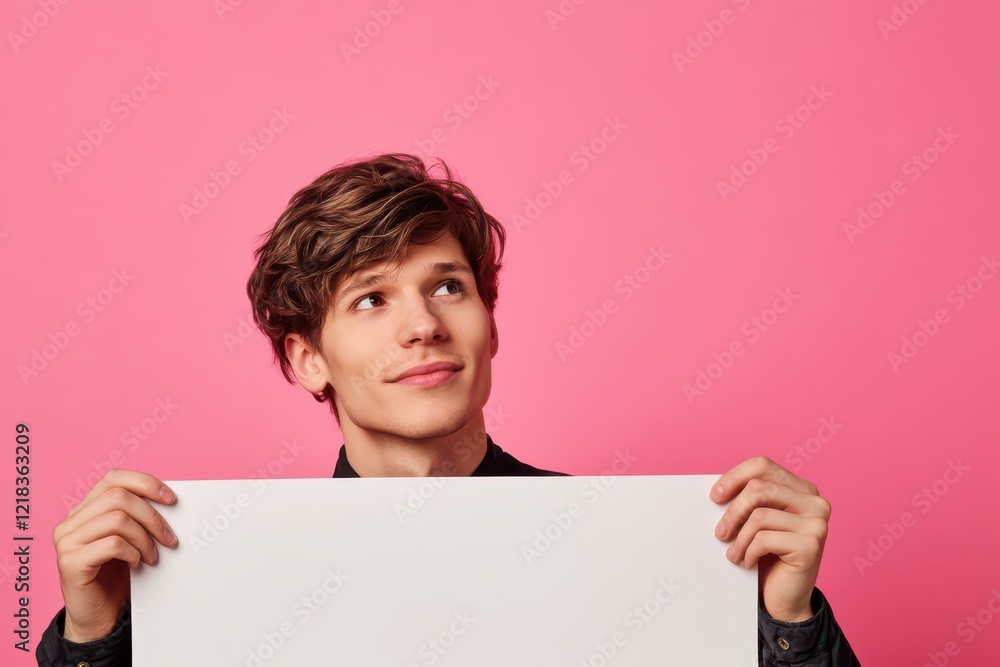 Young Man Holding Blank Sign Looks Upward on Pink Background for Advertisement and Promotion Young Man Holding Blank Sign Looks Upward on Pink Background for Advertisement and Promotion