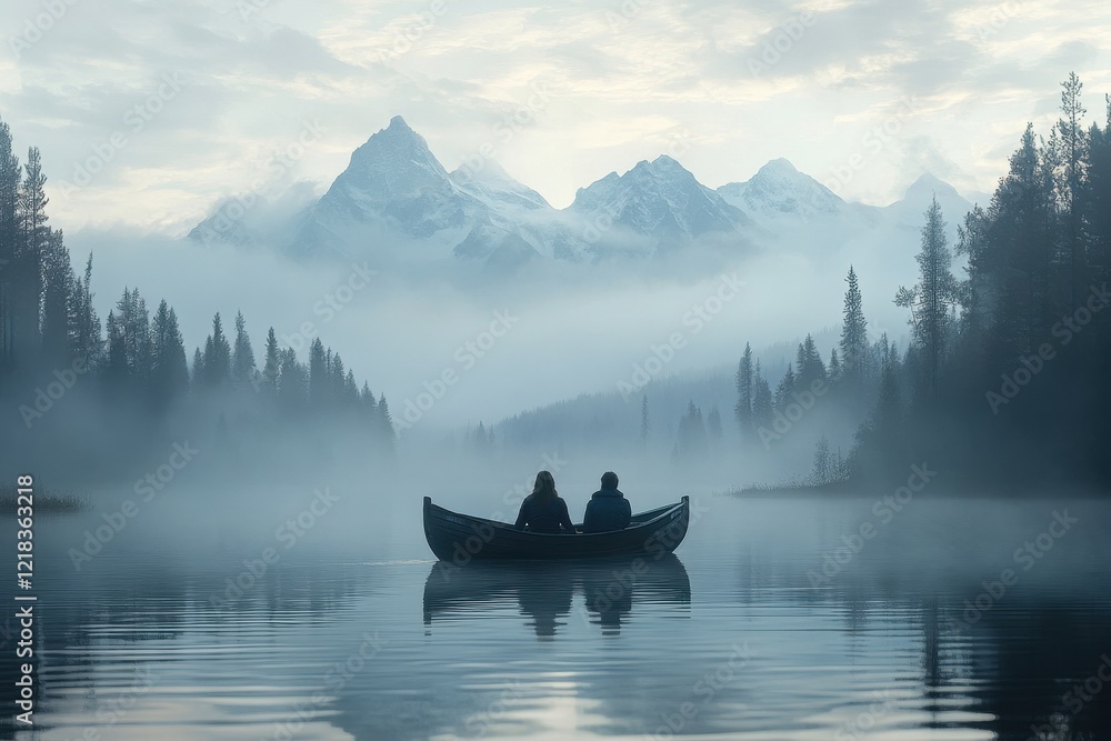 Misty mountain lake scene with couple in a rowboat. Perfect for travel, romance, or serenity themes. Misty mountain lake scene with couple in a rowboat. Perfect for travel, romance, or serenity themes.