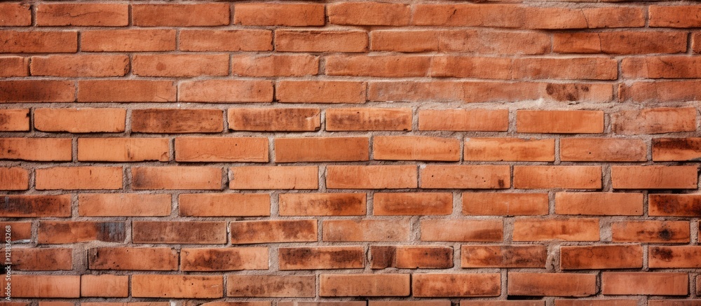 Fototapeta premium Textured orange-red brick wall with varying shades, featuring irregularly spaced bricks, ideal for background use with ample copy space.