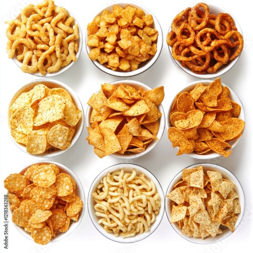 Assorted crunchy snacks in bowls, overhead shot, white background, perfect for food blogs