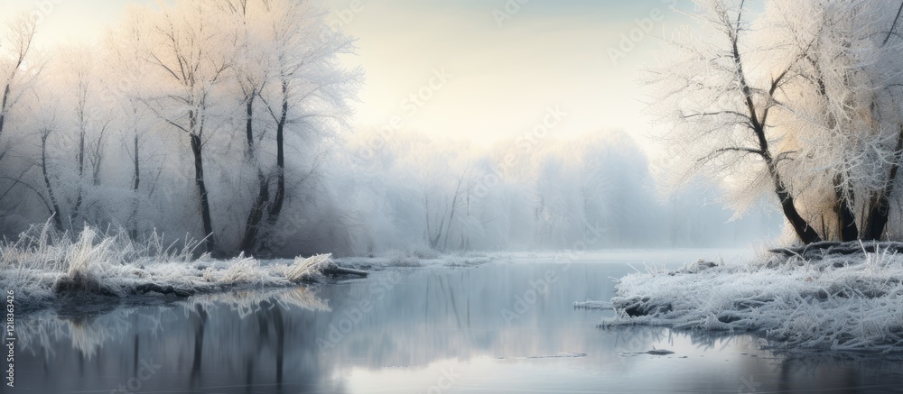 Frozen riverbank landscape at dawn with frosty thickets, soft pastel hues of blue and white reflecting on still water, tranquil winter scene. Frozen riverbank landscape at dawn with frosty thickets, soft pastel hues of blue and white reflecting on still water, tranquil winter scene.