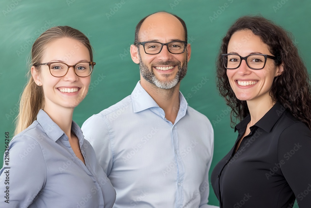 Smiling teachers classroom portrait, chalkboard background, education Smiling teachers classroom portrait, chalkboard background, education