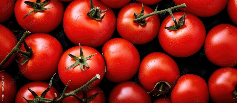 Close up flat lay of vibrant red ripe tomatoes with green stems arranged densely on a dark background creating ample copy space for text. Close up flat lay of vibrant red ripe tomatoes with green stems arranged densely on a dark background creating ample copy space for text.