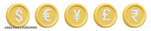 3D vector rendered illustrations of major currency symbol icons dollar, euro, yen, pound and rupee. Currency exchange concept. International finance, business or investment isolated on white backgroun