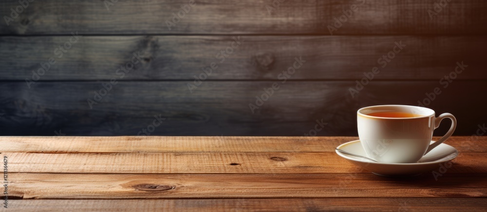 Rustic wooden kitchen table with a white tea cup and saucer positioned right, warm brown hues with ample copy space on the left side. Rustic wooden kitchen table with a white tea cup and saucer positioned right, warm brown hues with ample copy space on the left side.