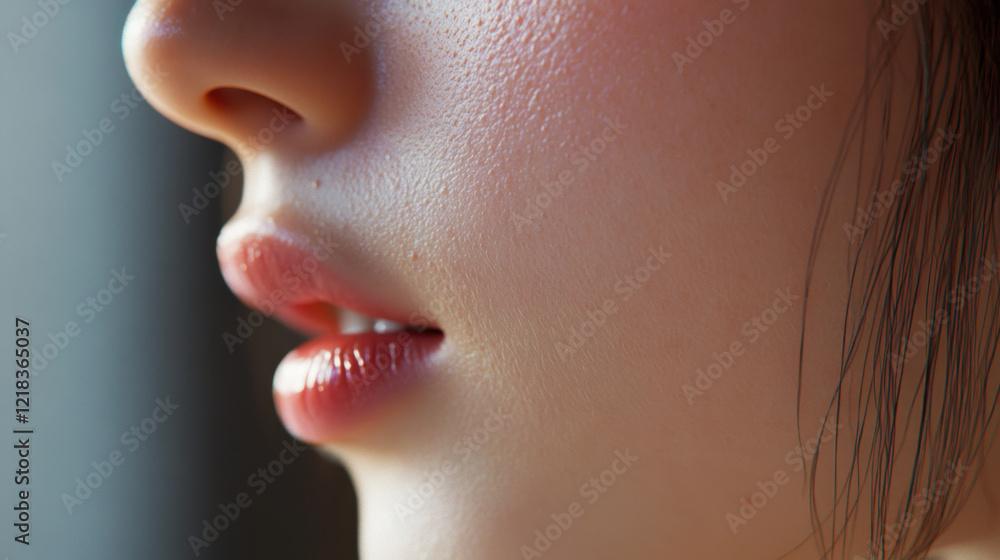 Obraz premium Close up photo of young girl nose and lips, showcasing smooth skin texture and natural beauty. soft lighting enhances delicate features and creates intimate atmosphere