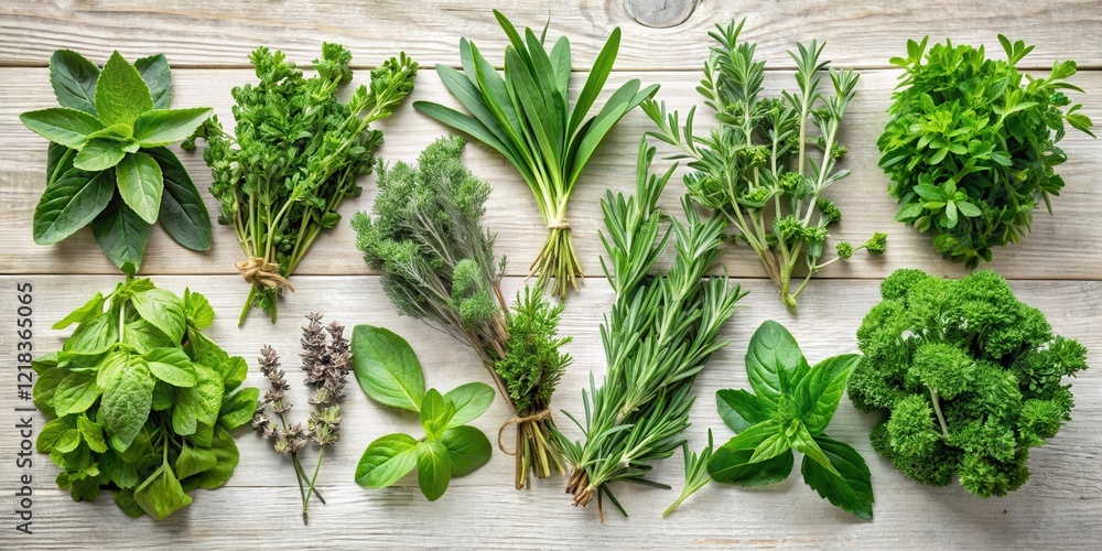 Obraz premium Aromatic Herb Sampler with Fresh Greenery, foliage, plants, foliage, plants, plant arrangement,herbs