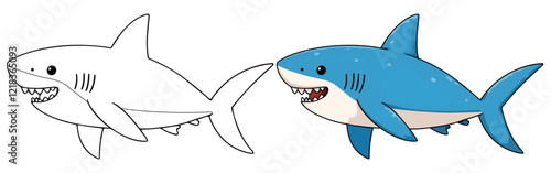 Shark in Underwater Line Art Vector Illustration Black and White with Coloring Sample. Bold and Easy Food, Animal and Ocean Coloring Pages for Adults and Kids