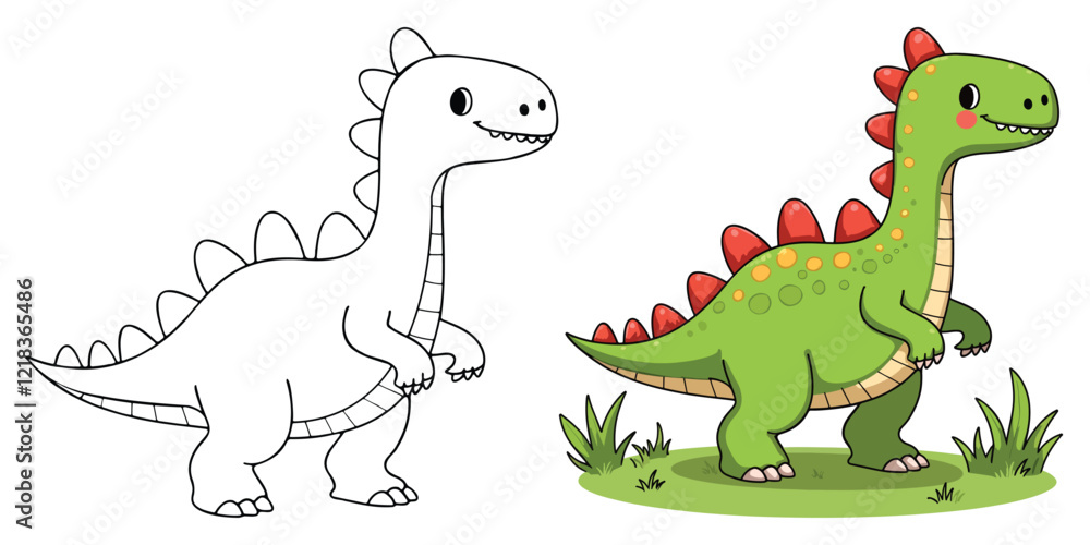 Obraz premium Dinosaur Line Art Vector Illustration Black and White with Coloring Sample. Bold and Easy Food, Wild Animal Coloring Pages for Adults and Kids