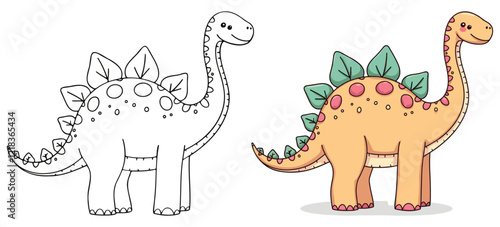 Dinosaur Line Art Vector Illustration Black and White with Coloring Sample. Bold and Easy Food, Wild Animal Coloring Pages for Adults and Kids