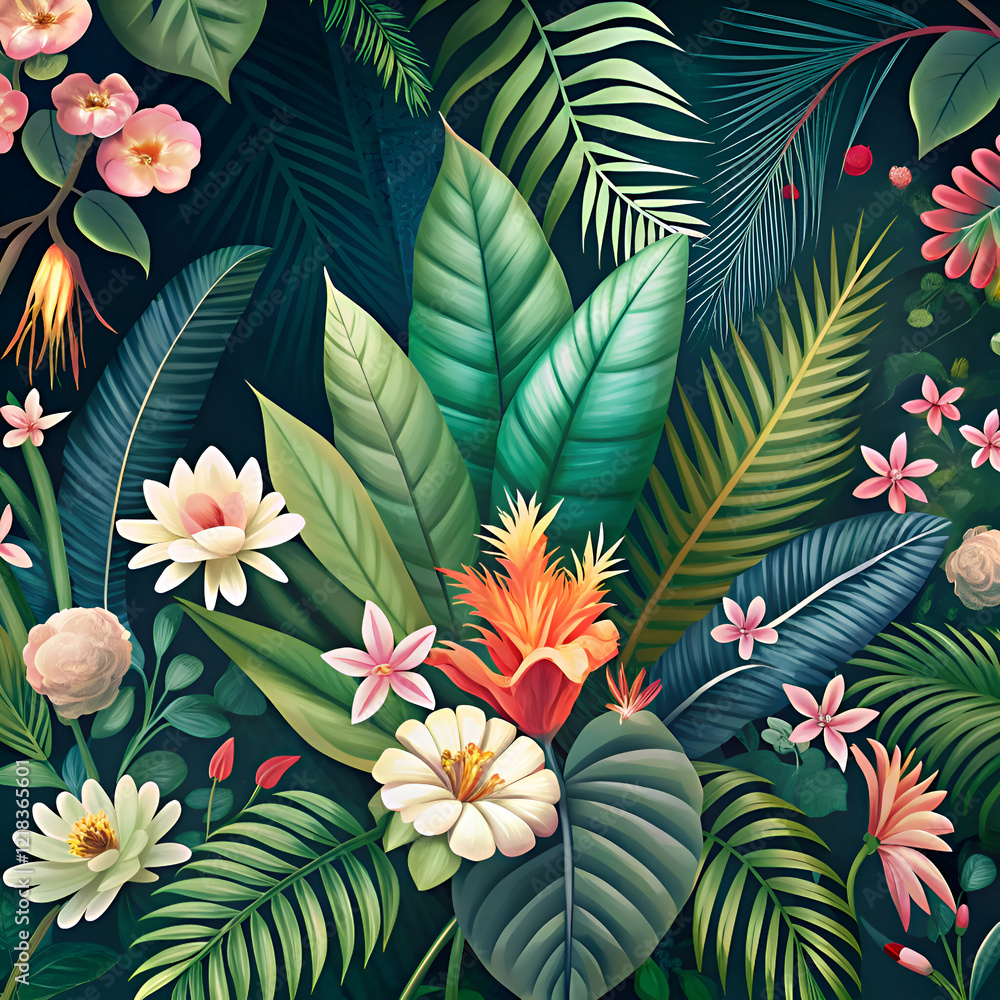Fototapeta premium A lush tropical jungle scene with vibrant flowers and lush foliage.