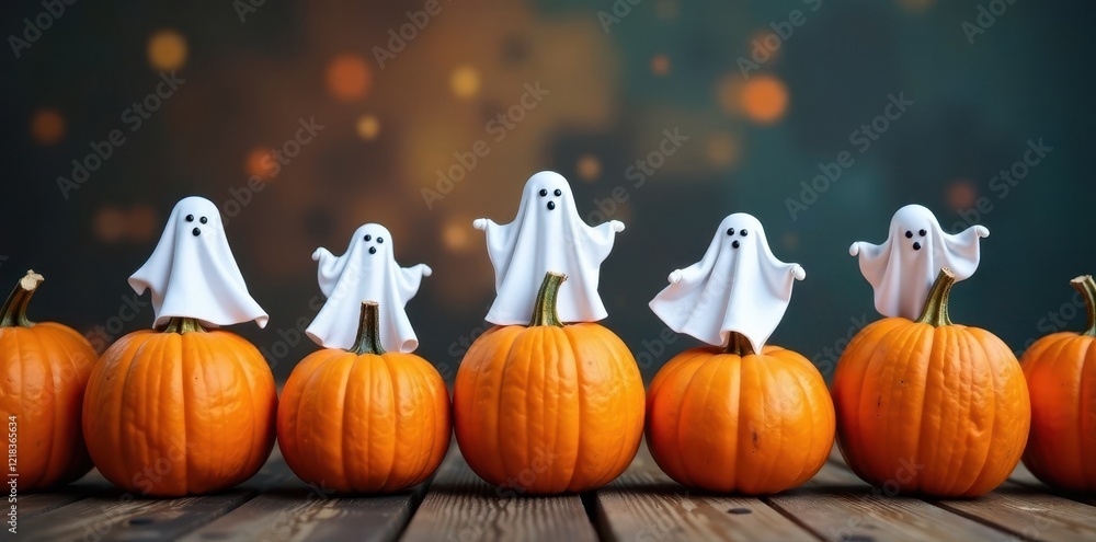 Row of orange pumpkins with white ghostly figures atop, festive, Halloween Row of orange pumpkins with white ghostly figures atop, festive, Halloween