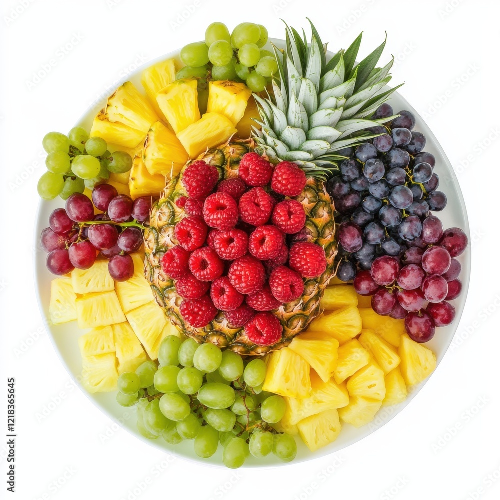 A colorful fruit platter with pineapple, grapes, and berries A colorful fruit platter with pineapple, grapes, and berries