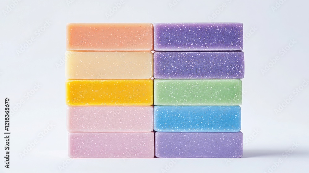 A stack of colorful handmade soap bars, arranged neatly on a plain white background A stack of colorful handmade soap bars, arranged neatly on a plain white background