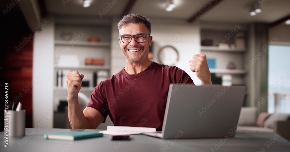 Happy Smiling Man Reading Letter Document Happy Smiling Man Reading Letter Document