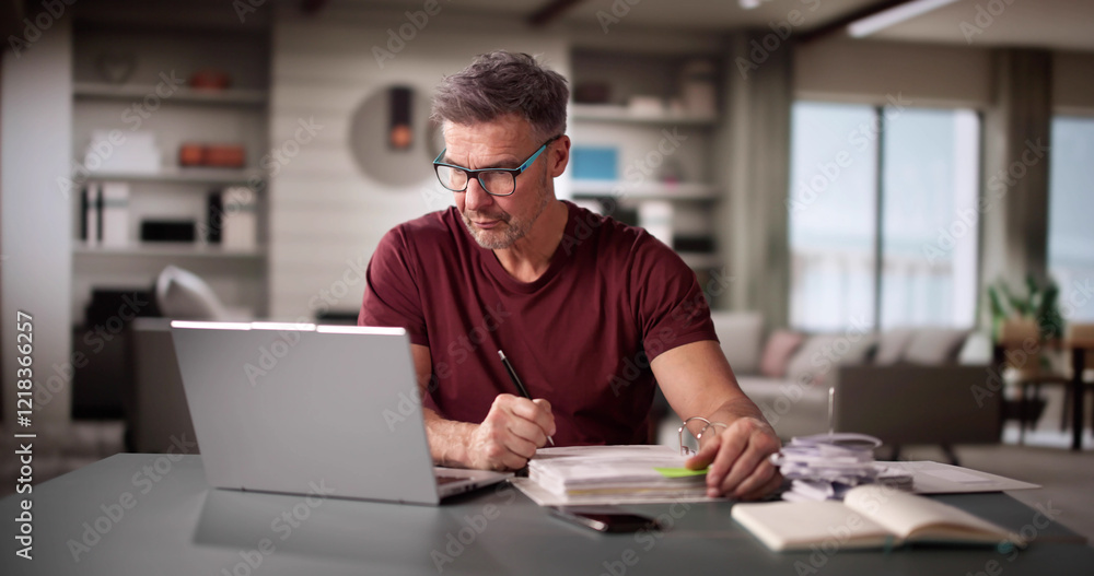 Man Doing Taxes And Family Budget Man Doing Taxes And Family Budget