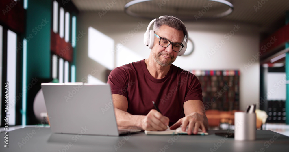 Online Virtual Webinars On Laptop Computer. Happy Man Online Virtual Webinars On Laptop Computer. Happy Man