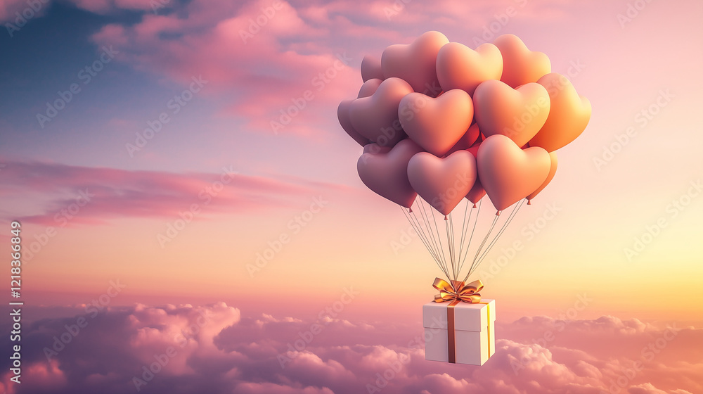 Fototapeta premium A golden air balloon made of heart-shaped balloons floats in the sky