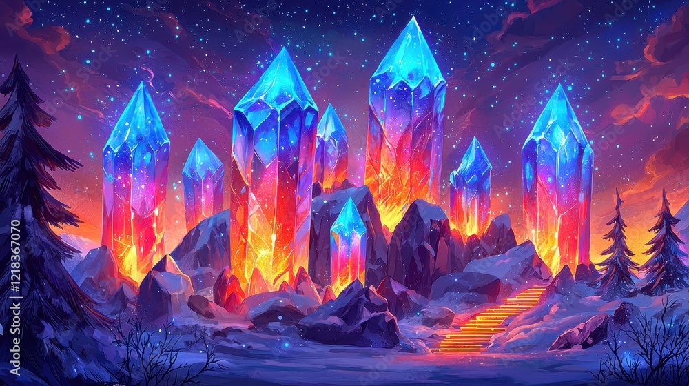 Fototapeta premium A celestial mountain range glowing with radiant streams of molten crystal. Bioluminescent moss grows along the cliffs, and golden stairways spiral upward toward floating temples illuminated 