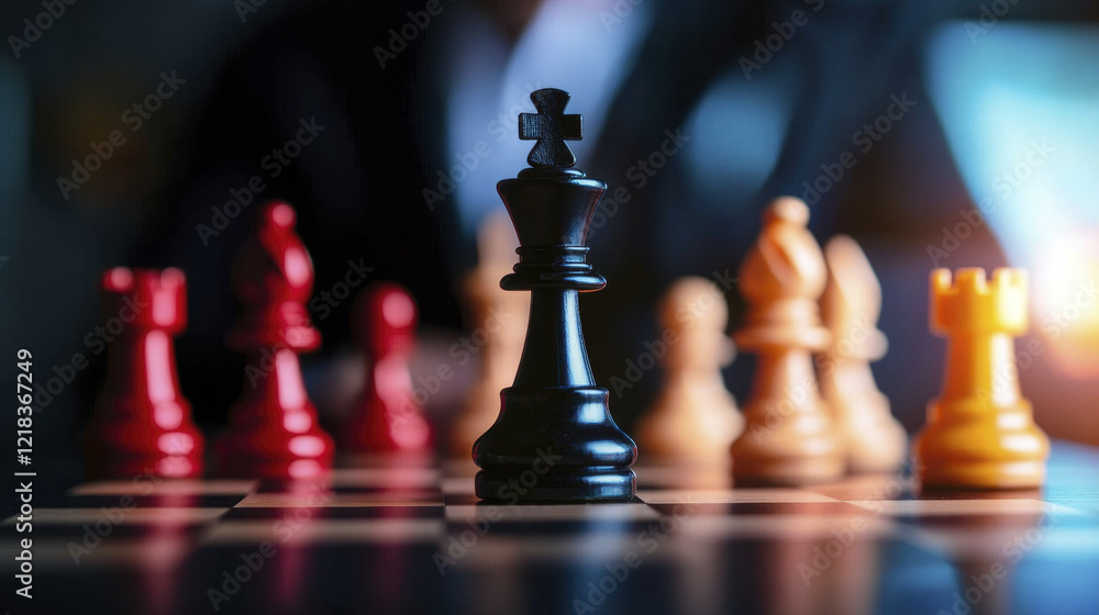 close up of chessboard featuring black king and colorful pieces, symbolizing strategy and competition close up of chessboard featuring black king and colorful pieces, symbolizing strategy and competition