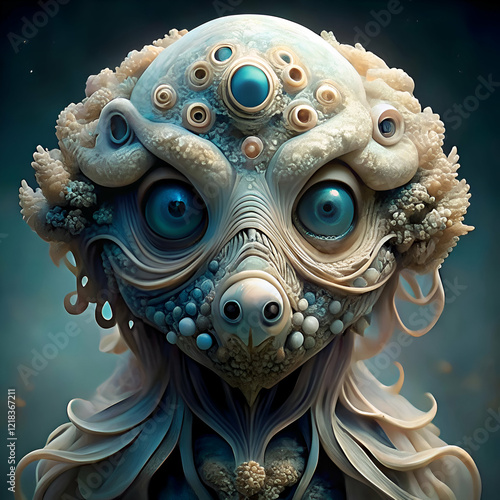 A close-up portrait of a surreal. otherworldly creature with a unique and intricate design.