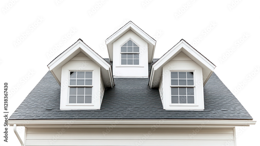 Top view of a classic residential roof with three gables and window details, showcasing traditional architecture against a clean background. Top view of a classic residential roof with three gables and window details, showcasing traditional architecture against a clean background.