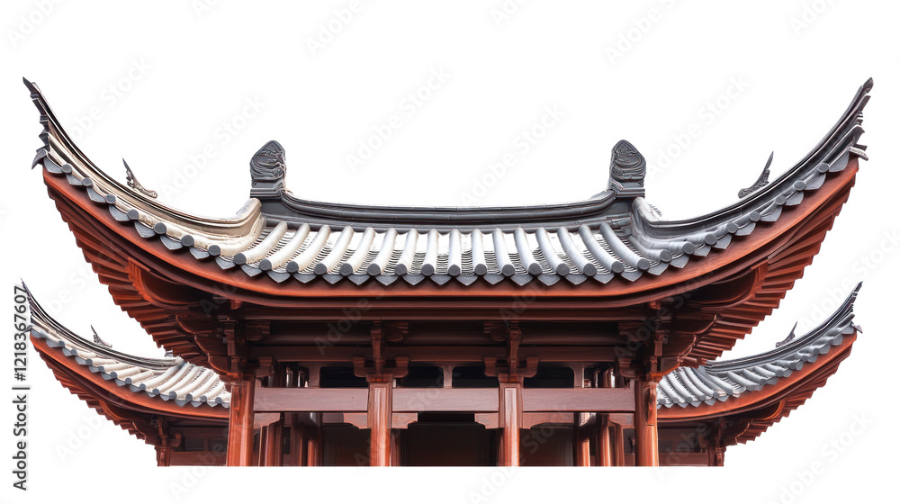 Traditional Asian architecture featuring intricate roof details and elegant design elements against a clean white background. Traditional Asian architecture featuring intricate roof details and elegant design elements against a clean white background.