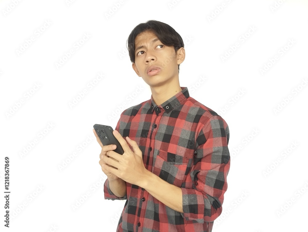 Young Asian man thinking something while holding mobile phone Young Asian man thinking something while holding mobile phone
